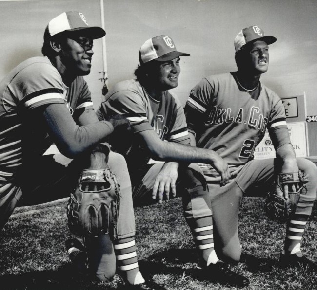 J.R. Richard (left), catcher Larry Howard, and pitcher Larry Yount are pictured a couple of days prior to the 1972 season-opener between the Oklahoma City 89ers and Wichita Aeros at All Sports Stadium (photo courtesy of the Oklahoma Historical Society).