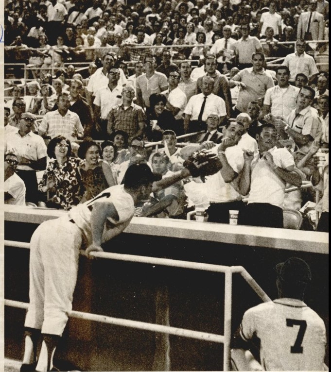 Oklahoma City 89er Jerry Grote reaches for a foul ball over the third base dugout at All Sports Stadium during the 1965 season (photo courtesy of the Oklahoma Historical Society).